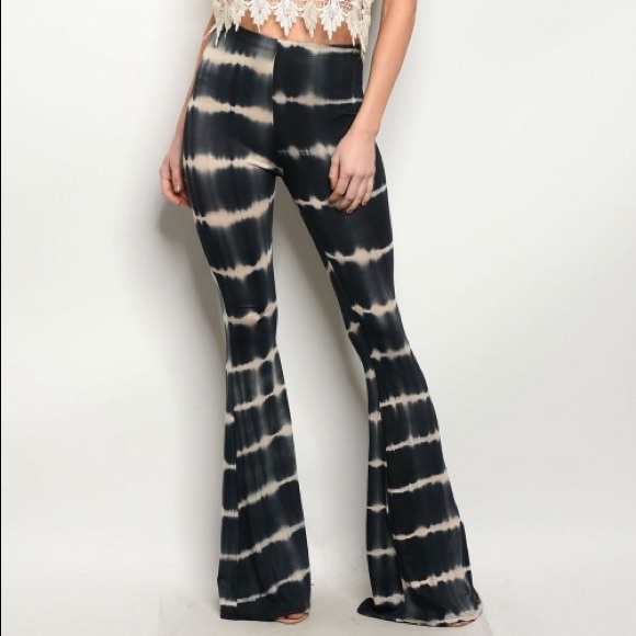 Black & Cream Tie Dye Flare Bell Bottom Pants - Picture 2 of 3